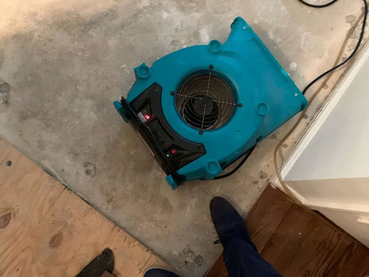 Air mover drying subfloor during Leak Detection & Repair in Johnstown